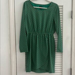 J Crew Green Diamond Print Long Sleeve Dress